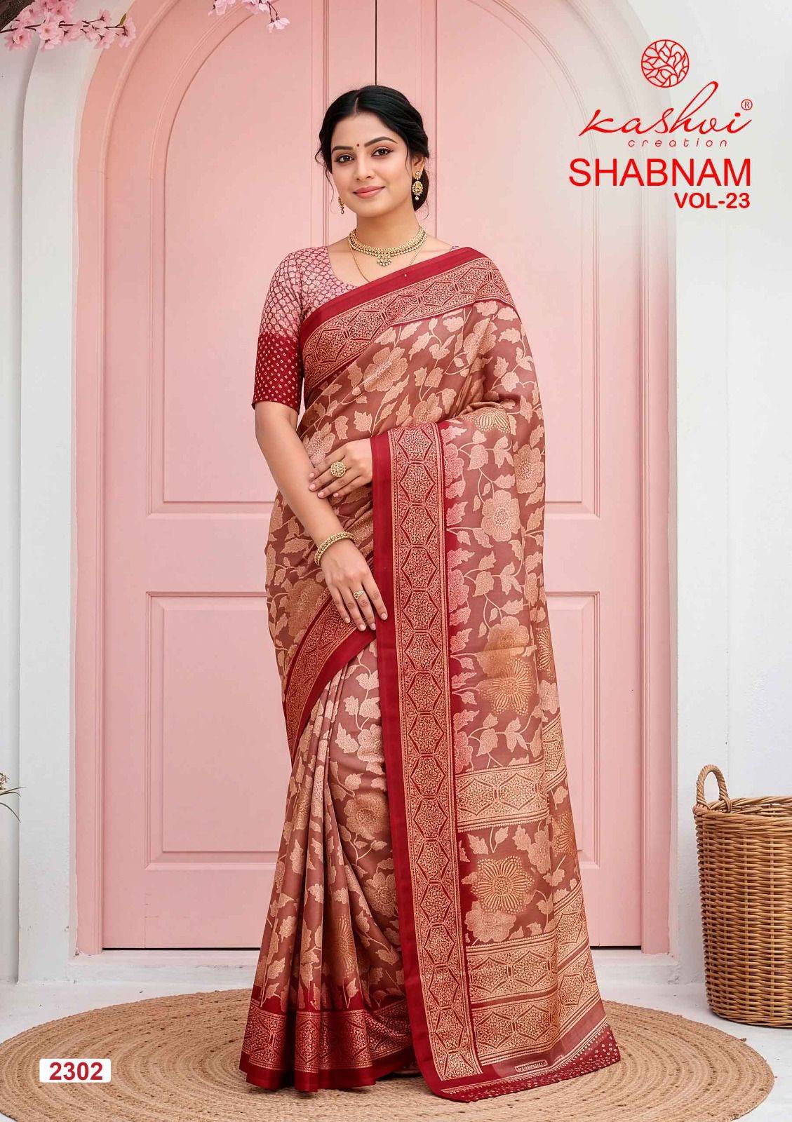 SHABNAM VOL. 23 By KASHVI CREATION Indian Traditional Wear Collection Beautiful Stylish Fancy Colorful Casuals Wear DULL MOSS FOIL PRINT Sarees At Wholesale Price